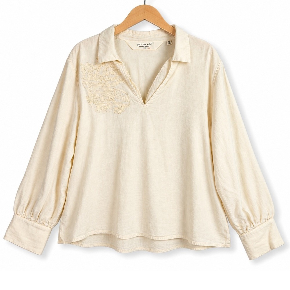 Peace Love World Top Womens XL Pristine Boheme Embroidered Linen Popover A691697